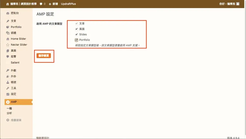 舊版 AMP 外掛設定頁，選擇要支援 AMP 的文章類型