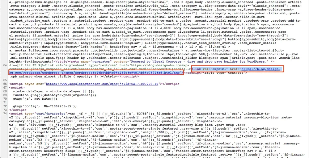 在網頁原始碼中找到 rel=&ldquo;amphtml&rdquo; 的 AMP 連結