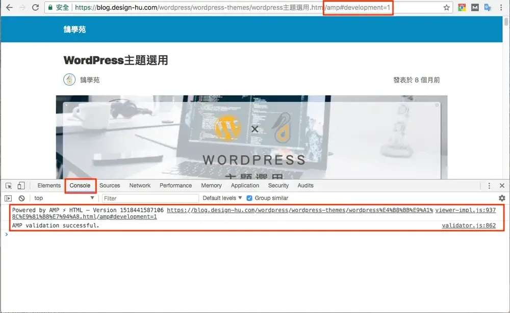 Console 顯示 AMP validation successful