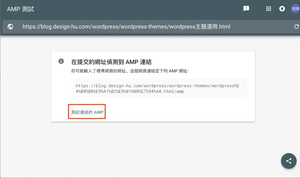 點選測試偵測到的 AMP 網址