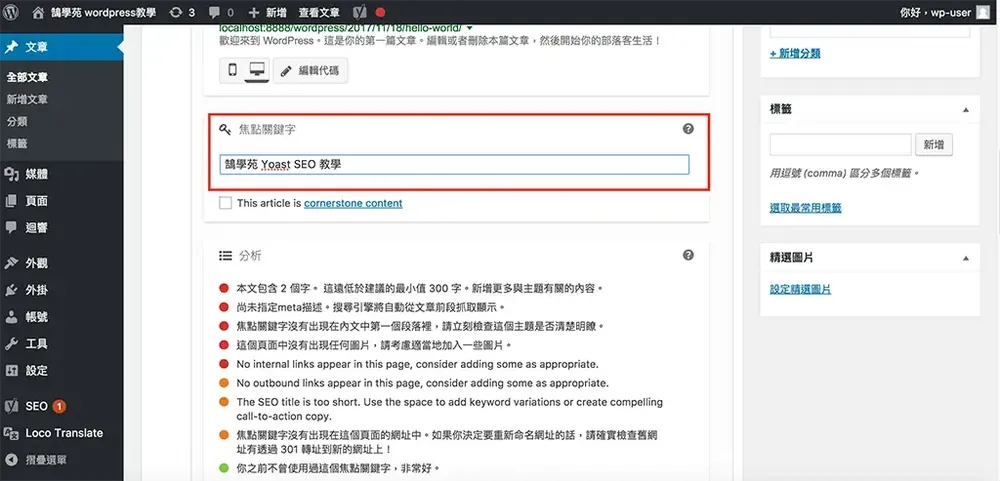 在 Yoast SEO 的焦點關鍵字欄位輸入與標題相同的字詞