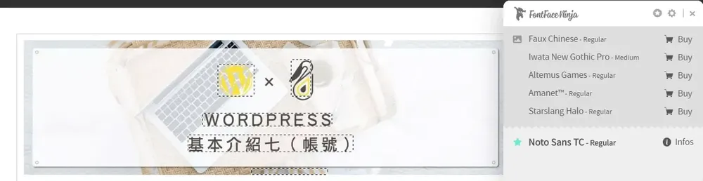 舊版 Fontface Ninja 開啟圖片辨識後，點擊圖片辨識其中的字型（2019 年）