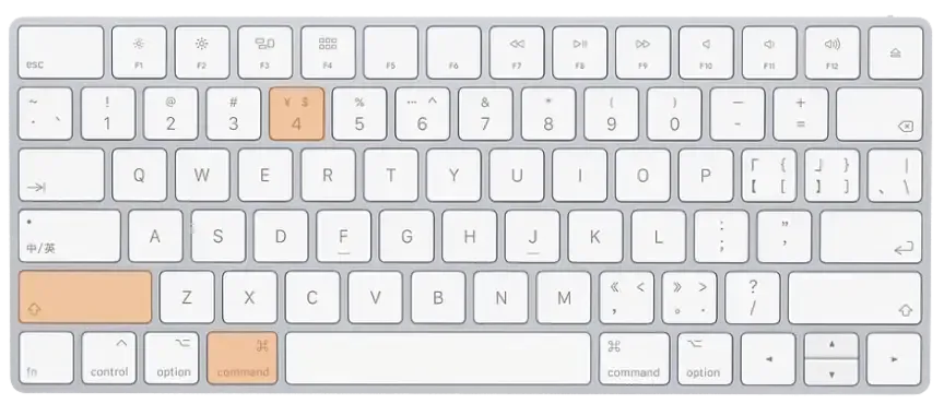 鍵盤圖解：同時按下 Command、Shift、4，再用十字游標拖曳截圖範圍