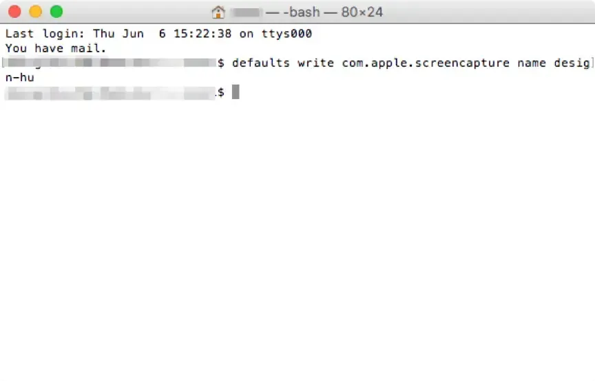 在終端機輸入 defaults write com.apple.screencapture name 指令修改截圖檔名