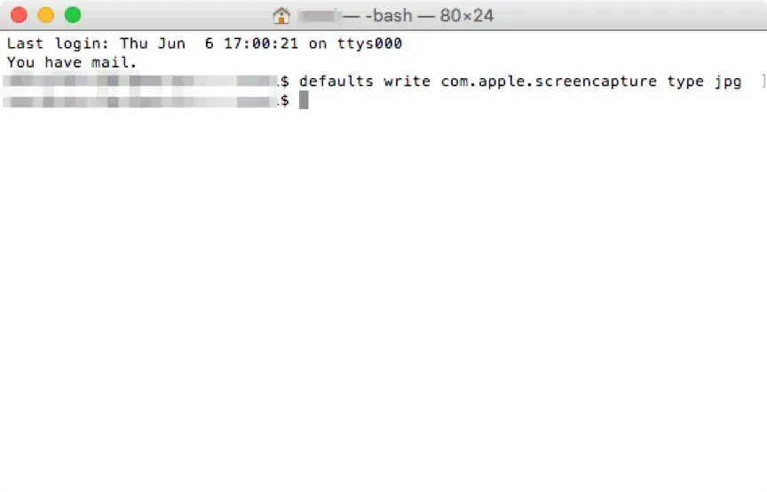 在終端機輸入 defaults write com.apple.screencapture type jpg 將截圖格式改為 JPG