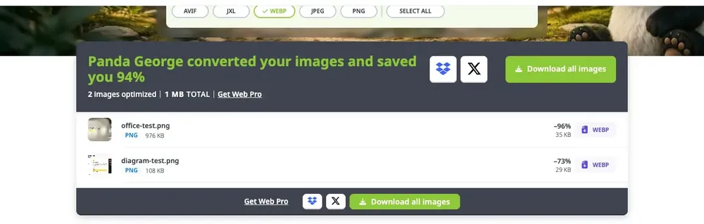 張 4 TinyPNG 轉成 WebP 的結果，office-test.png 從 976 KB 變成 35 KB 的 WebP，diagram-test.png 從 108 KB 變成 29 KB 的 WebP