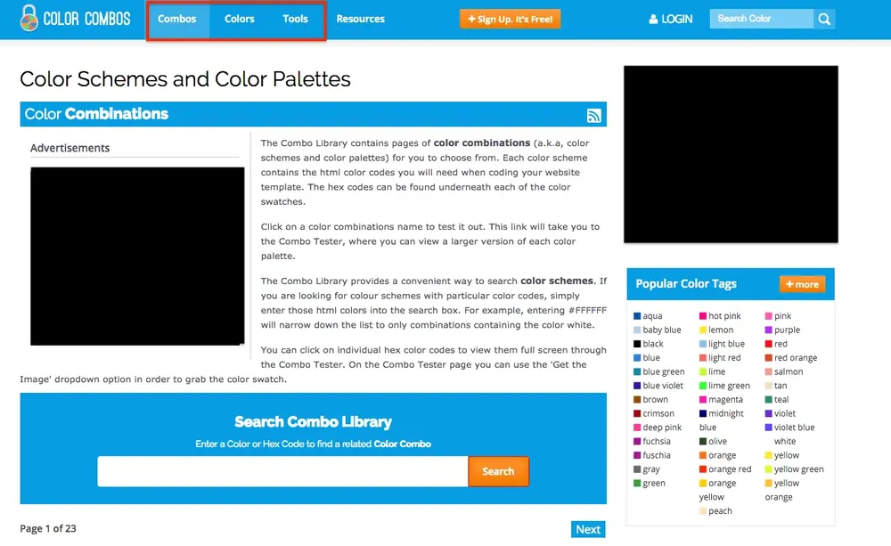 ColorCombos 網站首頁與上方選單