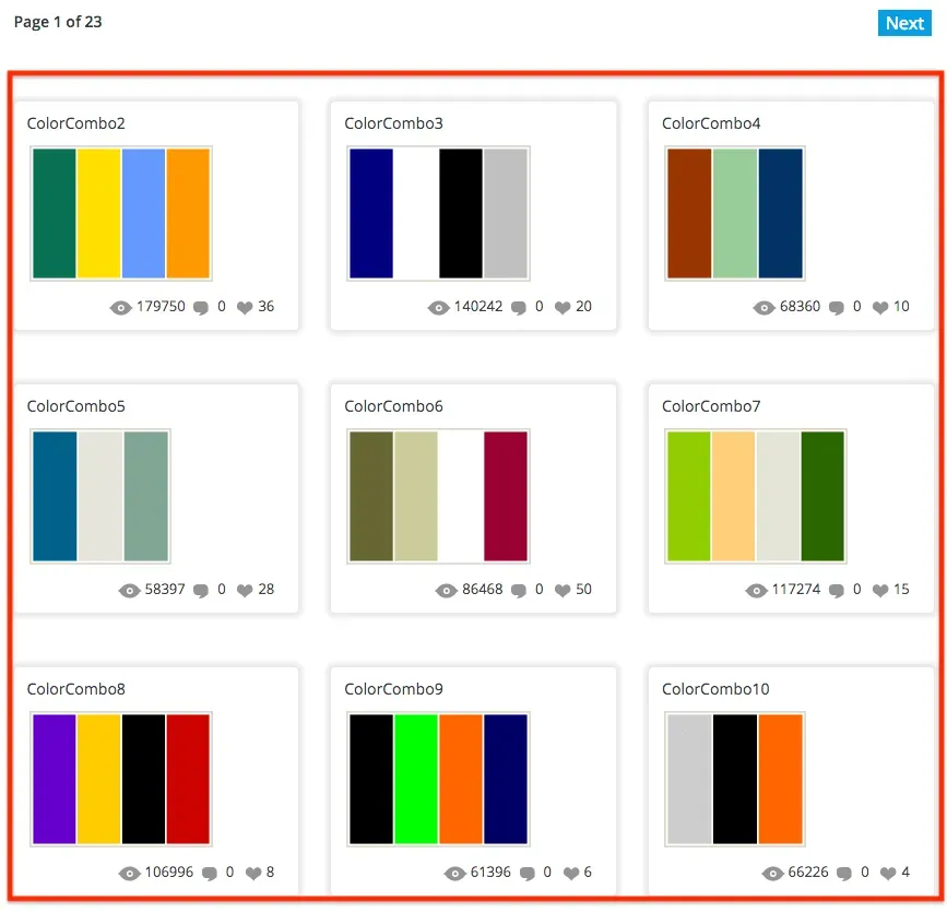 ColorCombos 的配色組合列表，每組下方有預覽圖示