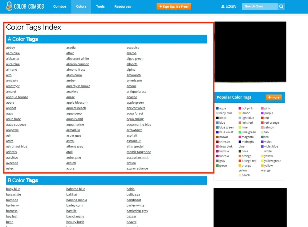 ColorCombos 的英文顏色標籤列表