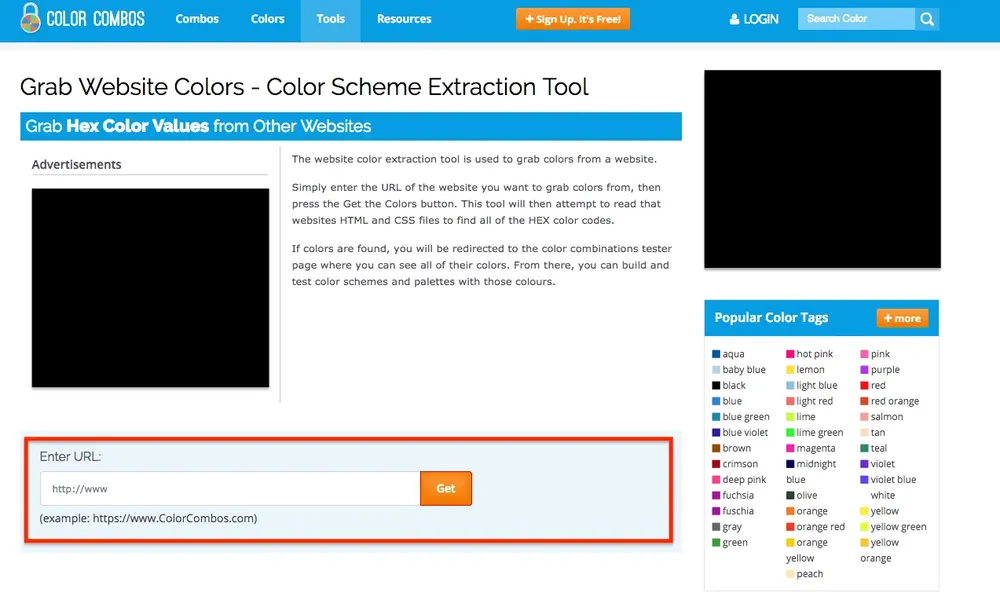 Grab Colors 頁面的網址輸入框與 Get 按鈕