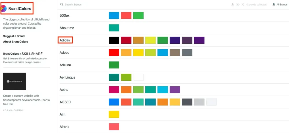 BrandColors 網站上的品牌官方色碼列表