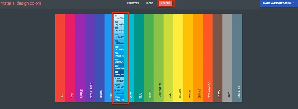 Material Palette 的 COLORS 頁面，列出各顏色的深淺色碼