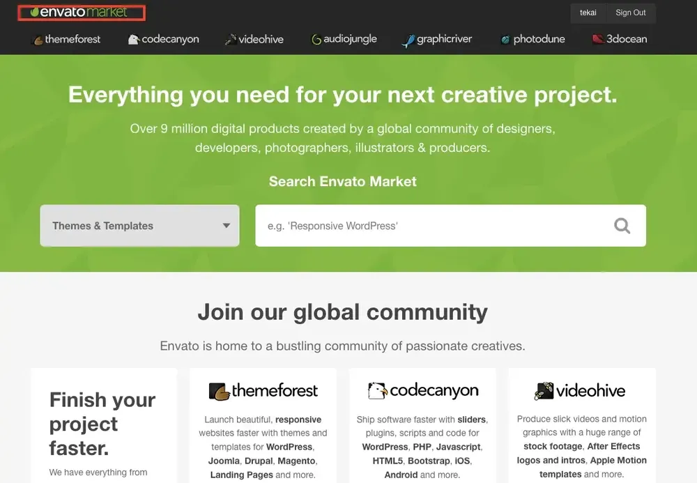 Envato Market 首頁選擇主題與範本分類