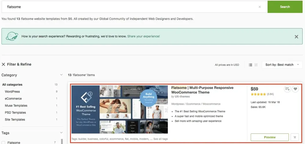 ThemeForest 搜尋結果中的 Flatsome 主題
