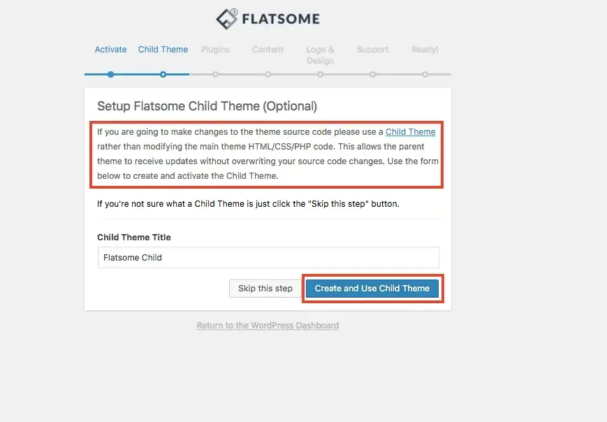 設定精靈建議為網站安裝 Flatsome 子主題