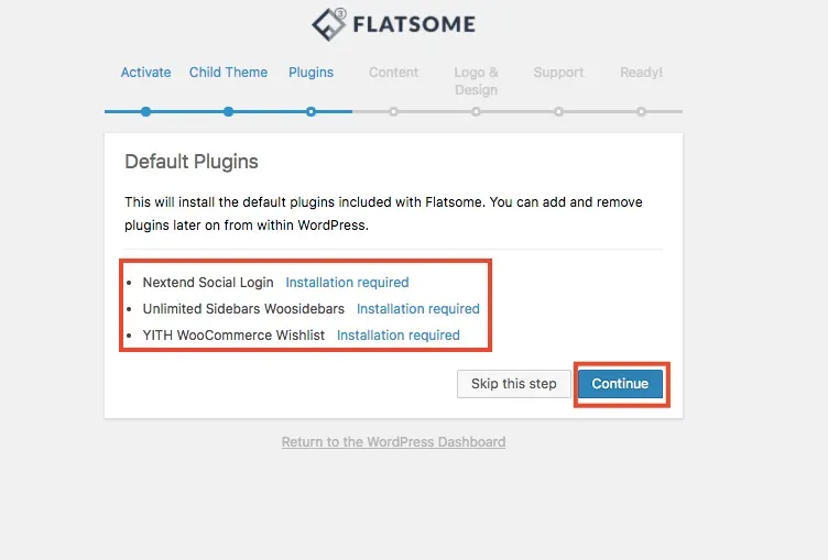 設定精靈列出 Flatsome 建議安裝的外掛