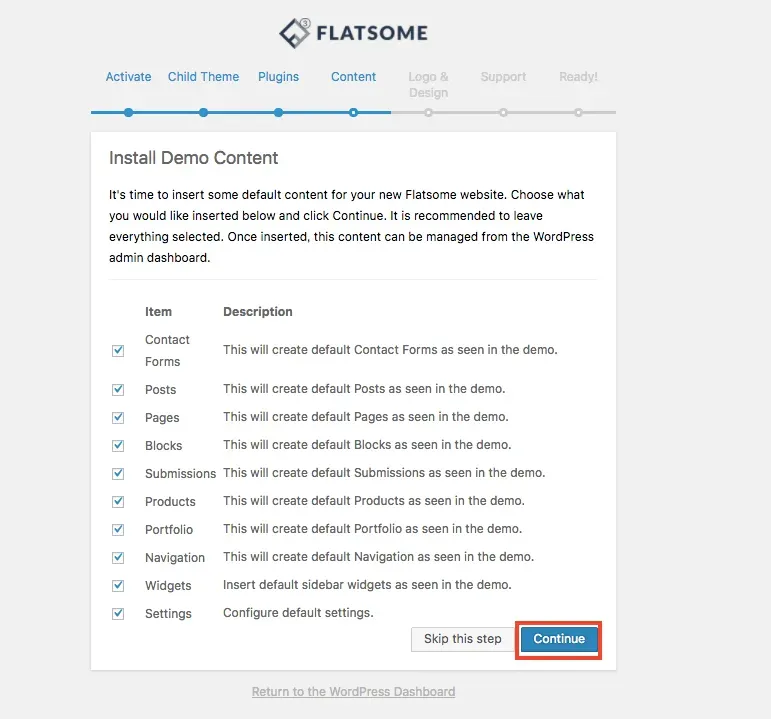 選擇要匯入的 Flatsome 範例內容類型