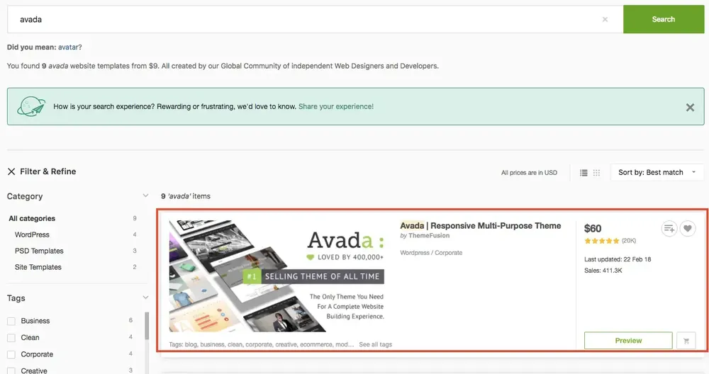 ThemeForest 搜尋 Avada 的結果頁，點選主題進入介紹頁