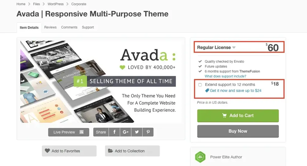 早期 ThemeForest 的 Avada 購買區塊，可選擇是否加購延長支援