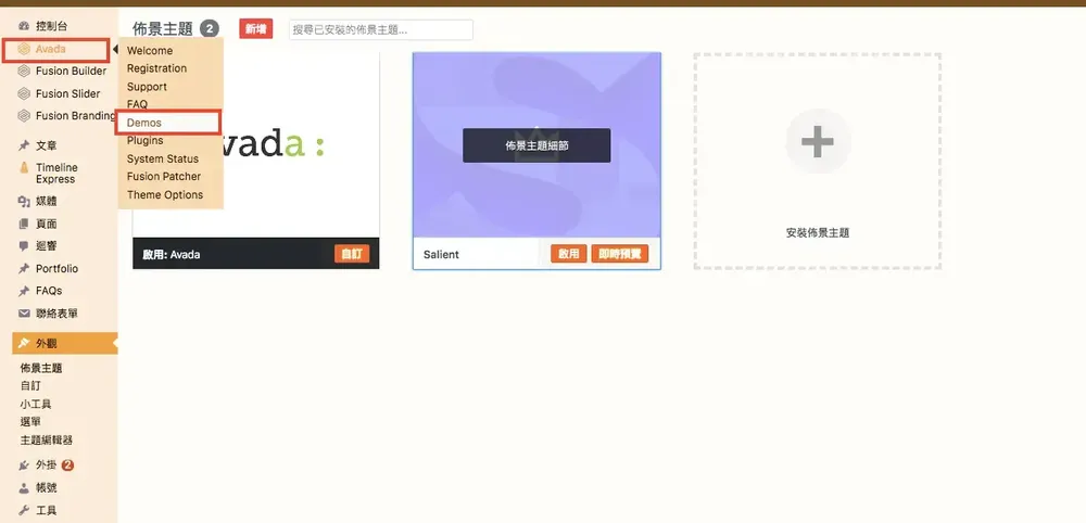 舊版 Avada 選單中的 Demos 項目，現在改名為 Websites
