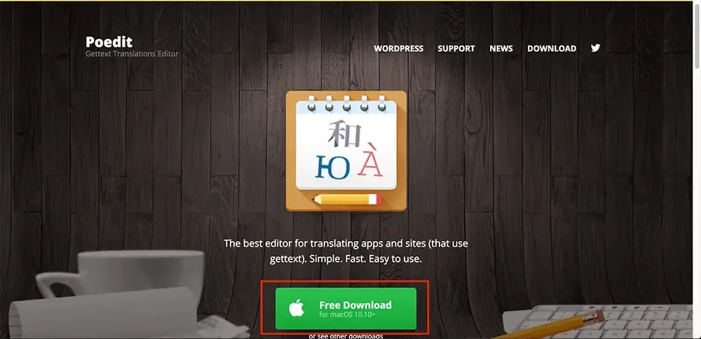 舊版 Poedit 官網首頁，紅框標示綠色 Free Download 下載按鈕
