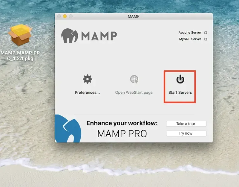 MAMP 主視窗，紅框標示 Start Servers 按鈕，右上角伺服器燈號尚未亮起