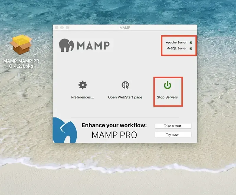 伺服器啟動後，按鈕變成 Stop Servers，右上角 Apache Server 與 MySQL Server 燈號亮起