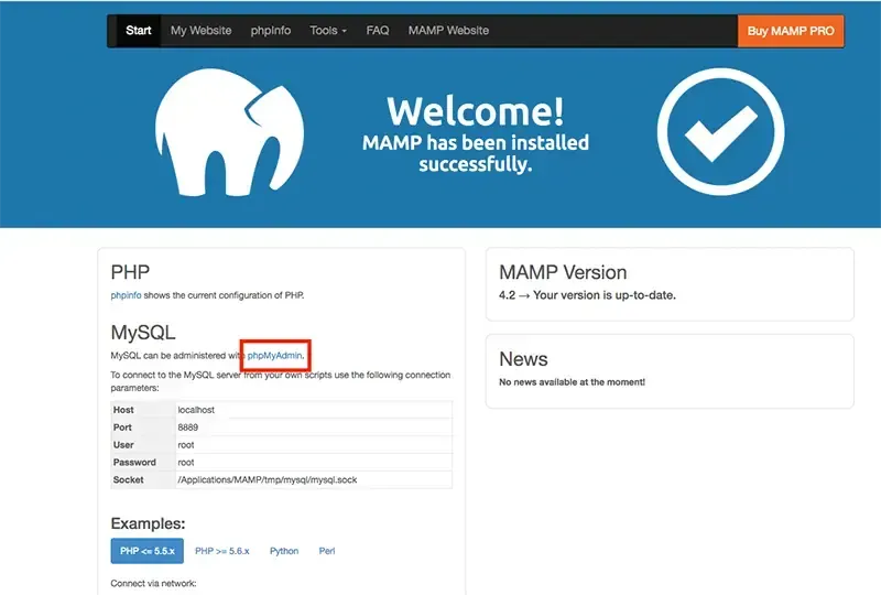 MAMP 歡迎頁顯示安裝成功，MySQL 區塊列出主機 localhost、連接埠 8889、使用者 root，並以紅框標示 phpMyAdmin 連結
