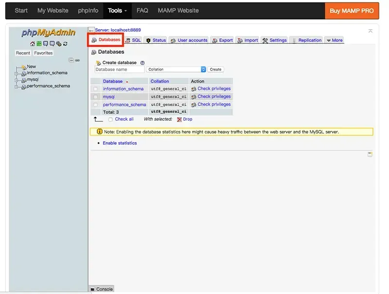 phpMyAdmin 畫面，紅框標示上方的 Databases 分頁