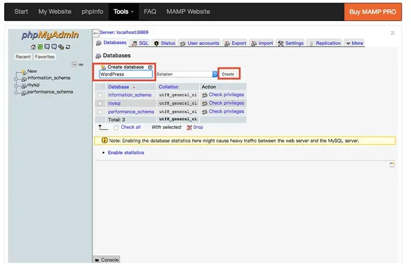 phpMyAdmin 的 Create database 欄位輸入 WordPress，紅框標示 Create 按鈕