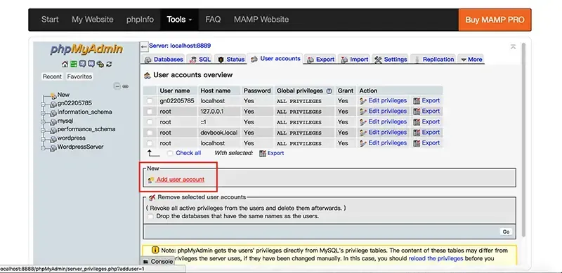 phpMyAdmin 的 User accounts 分頁，紅框標示 Add user account 連結