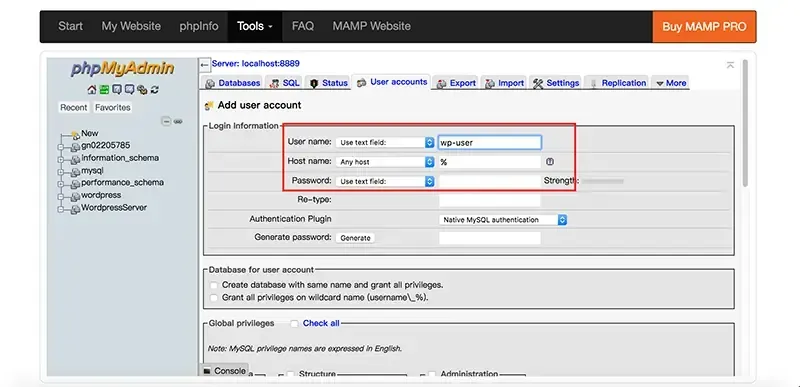 Add user account 表單，User name 輸入 wp-user