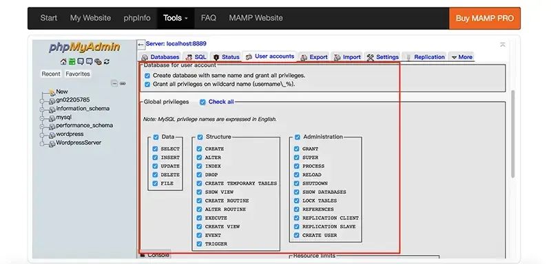 Add user account 表單的權限區，Data、Structure、Administration 權限全部勾選