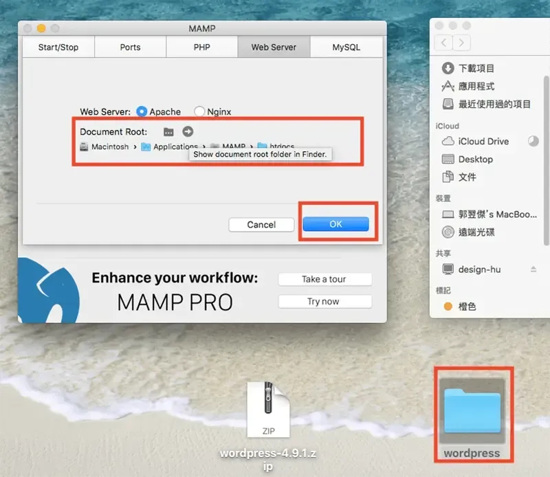 MAMP 設定的 Document Root 指向 htdocs，右下角是解壓縮後的 wordpress 資料夾
