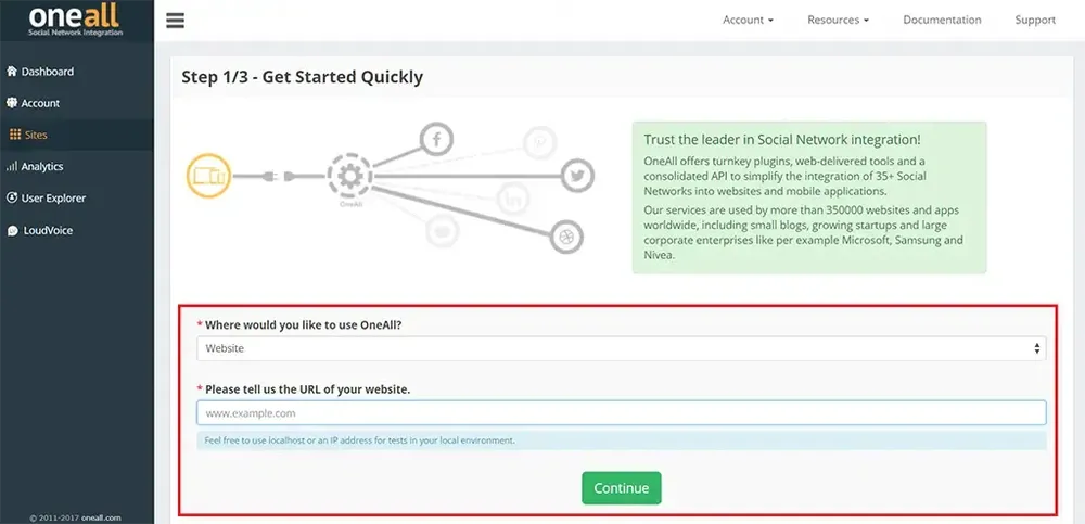 OneAll 詢問要用在網站還是應用程式，選擇 website