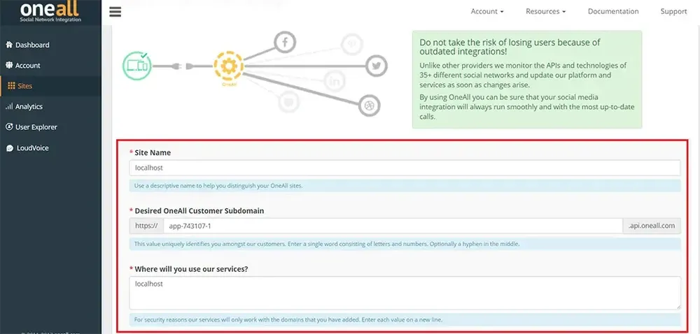 OneAll 建立網站時填寫 Site Name、Subdomain 與網域