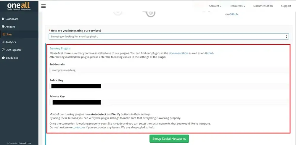 OneAll 選擇使用現成外掛整合，並顯示 Subdomain、Public Key、Private Key