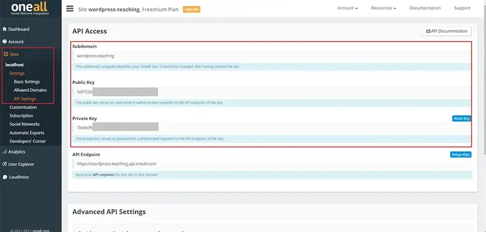 OneAll 後台帳戶頁面可再次查詢 API 金鑰