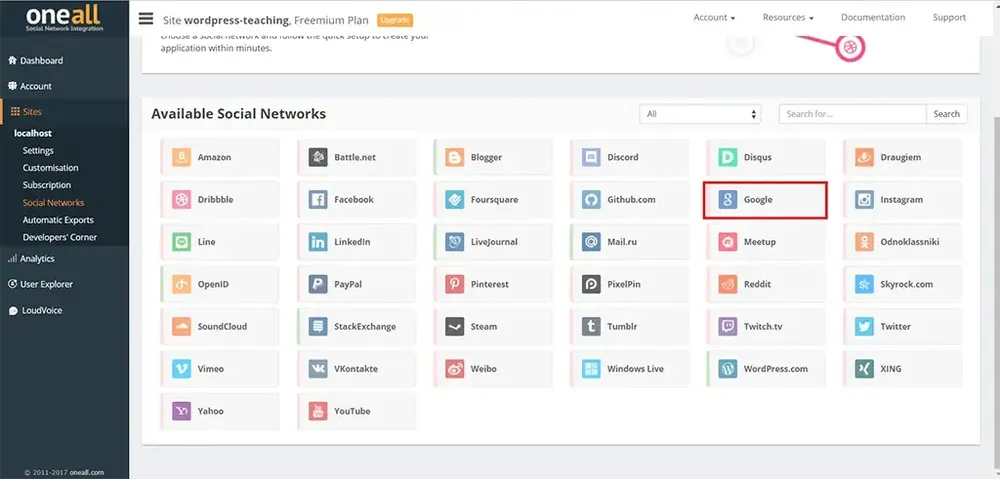 OneAll 後台列出可連結的社群平台圖示