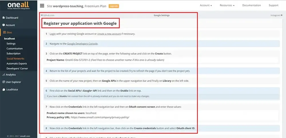 OneAll 的 Google 設定說明頁，列出 Google 端需要填寫的資料